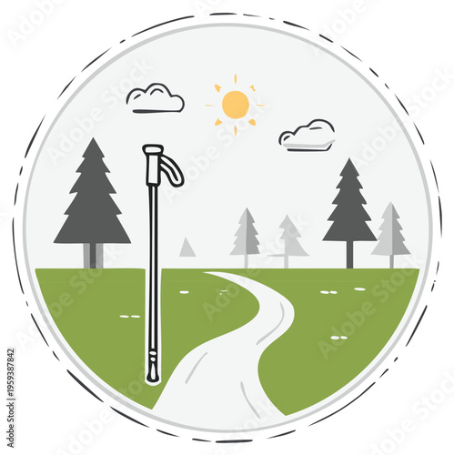 Cartoon Nordic walking pole on a path in a nature scene with trees and sun.
