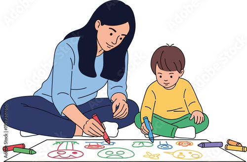 Mother and child sit together on the floor drawing colorful pictures with crayons for creative family activity.