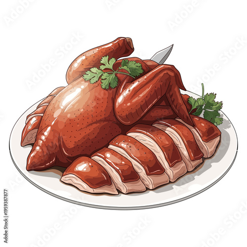 Whole Roasted Chicken Carved on Platter with Parsley and Knife