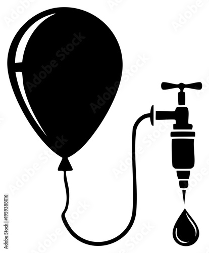 Black silhouette icon showing resource depletion with balloon and dripping tap