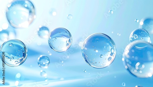 Transparent water droplets float in a bright blue environment.