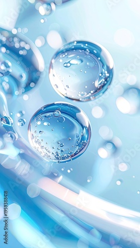 Transparent water bubbles with small air pockets floating in blue liquid with bokeh background.