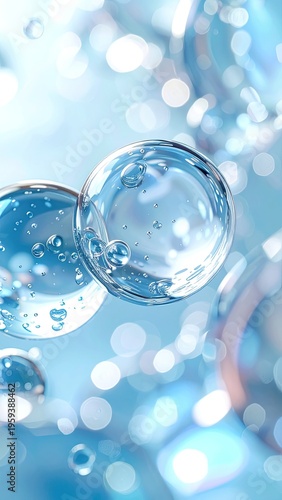 Abstract close-up of clear blue liquid spheres with smaller bubbles.