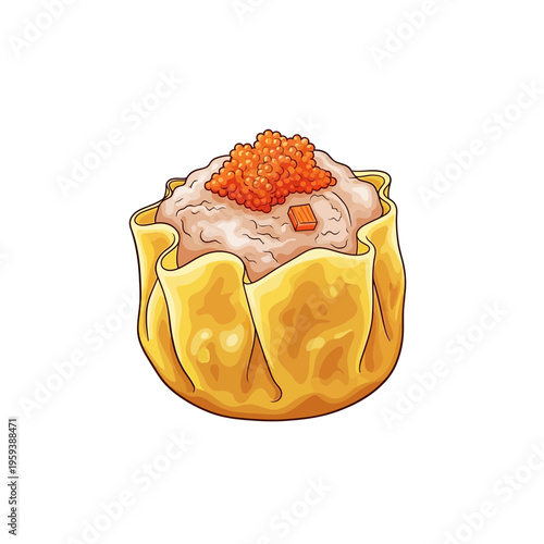 Hand-drawn illustration of a single dim sum siu mai dumpling with roe topping