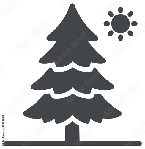 Minimalist conifer tree icon with sun symbol representing nature and good weather.