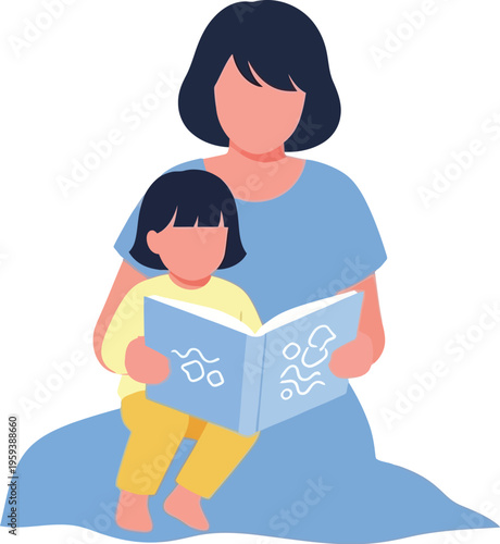 Mother holds a small child securely on her lap while reading an illustrated picture book together on a plain background.