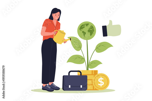 Impact Investing and Positive Environmental Change Concept. A woman watering a plant growing from coins with a green earth leaf, symbolizing investments made to generate positive