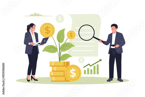 Ethical Investment Research Concept. Analysts reviewing a financial document and a growing plant made of coins, symbolizing the screening of investments based on ethical and moral values.