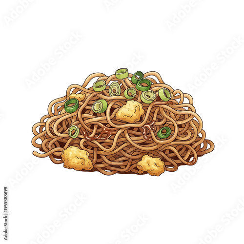 Noodles with green onions and scrambled egg illustration
