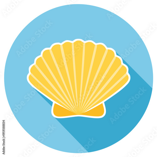 Icon of a Yellow Seashell with Long Shadow on Blue Background