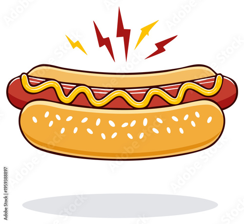 Delicious hot dog with bright yellow mustard and lightning bolt accents