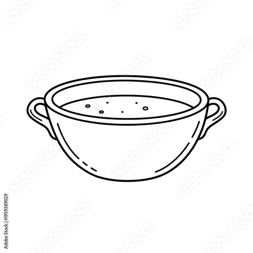 Simple Line Drawing of a Cooking Pot with Soup or Broth, Kitchen Utensil Illustration