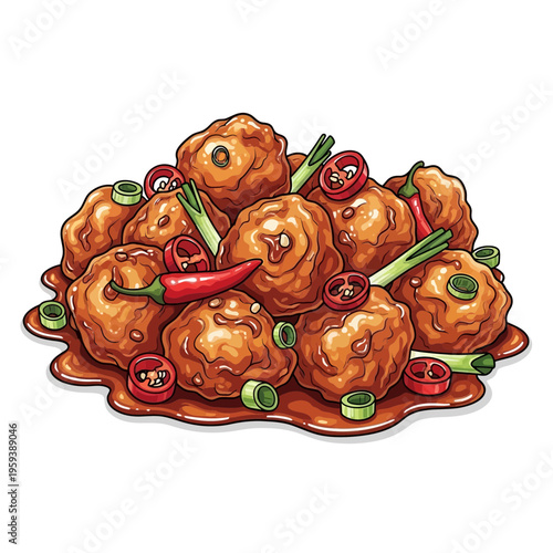 Spicy Meatballs in Savory Sauce with Chili and Scallions Illustration