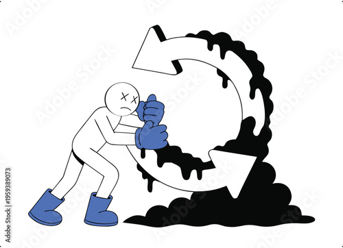 Person struggling to push a dirty, oily arrow, symbolizing environmental pollution and a difficult cleanup cycle.
