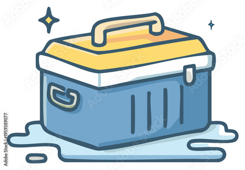 Cartoon illustration of a blue cooler with yellow top, handle, and water outline.