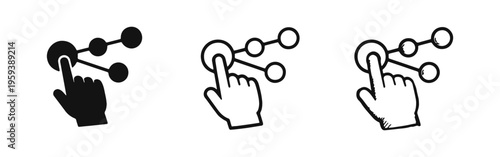 Hand clicking on network nodes icon set. Sharing, connection, or social network concept.