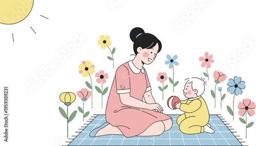 Mother and baby enjoy playing with a small red and white ball on a checkered blanket outdoors under the bright sun.