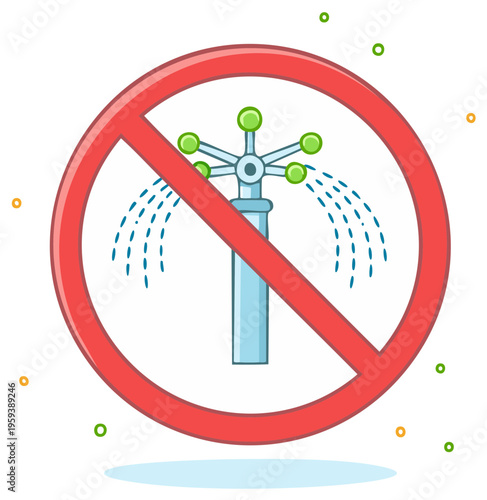 Lawn watering ban sign with crossed out garden sprinkler icon for water conservation and drought restrictions