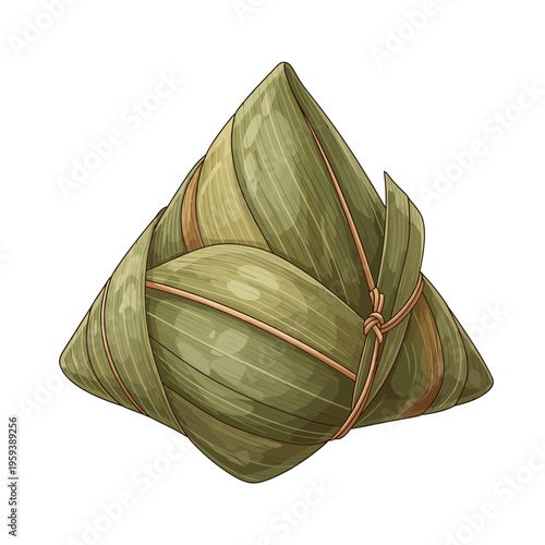 Traditional Asian Zongzi food wrapped in green bamboo leaves, isolated on white background.