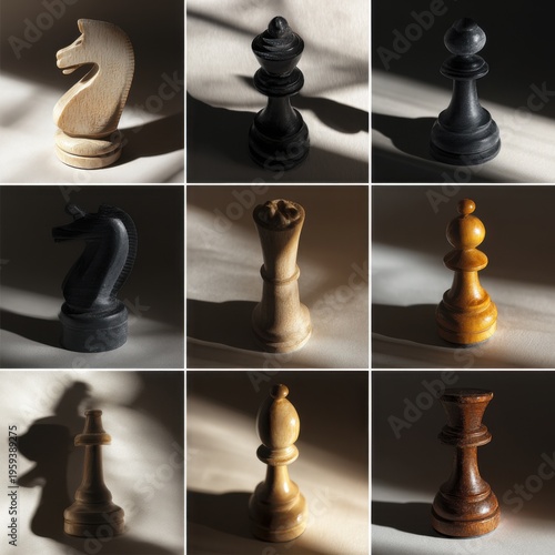 Variety of chess pieces in shadows 4