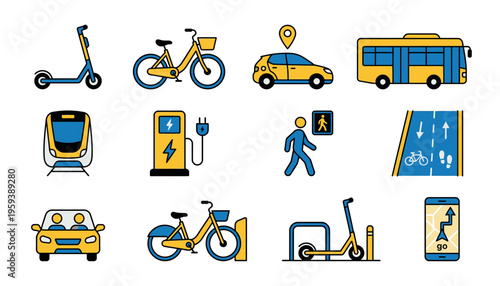 Transportation icons for urban mobility solutions.