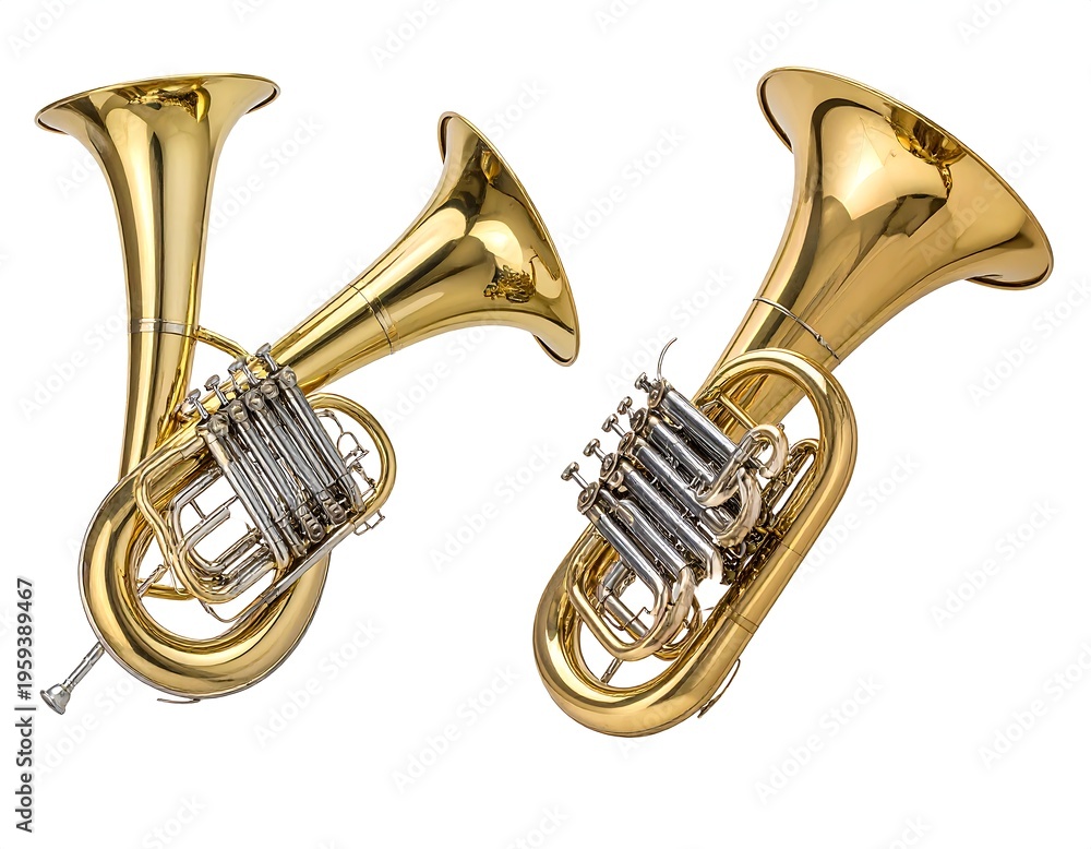 Obraz premium Two gleaming, brass musical instruments sit against a stark white background