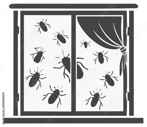 Insect infestation window view, insects inside building, pest control, curtains and window, vector illustration.