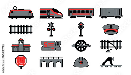Transportation icons featuring trains and tracks.