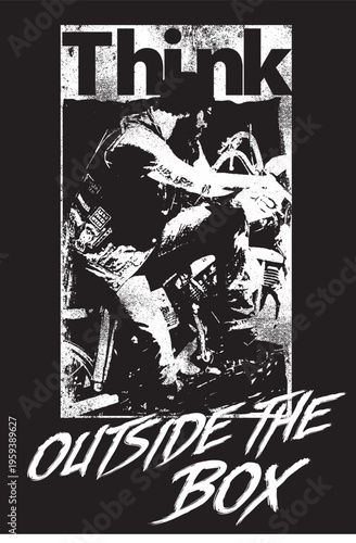 Think outside the box motorcycle rider illustration with black and white