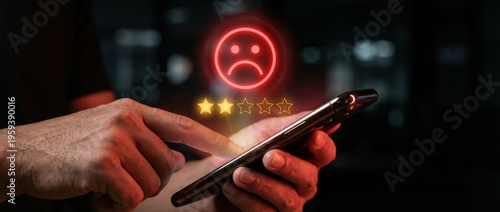 Negative feedback impact on user experience digital device social media review urban environment close-up view consumer sentiment analysis