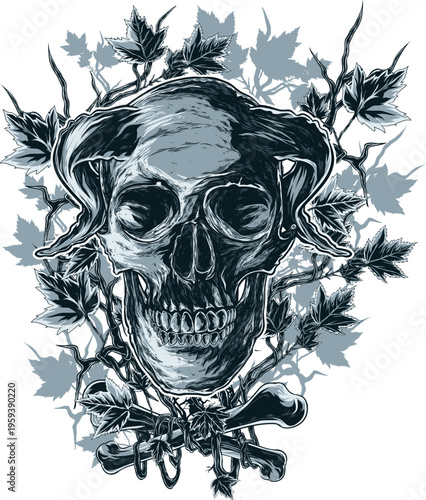 Skull and maple leaves gothic graphic design