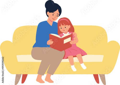 Mother sits with young daughter on a yellow sofa reading a red book together in a warm domestic setting.