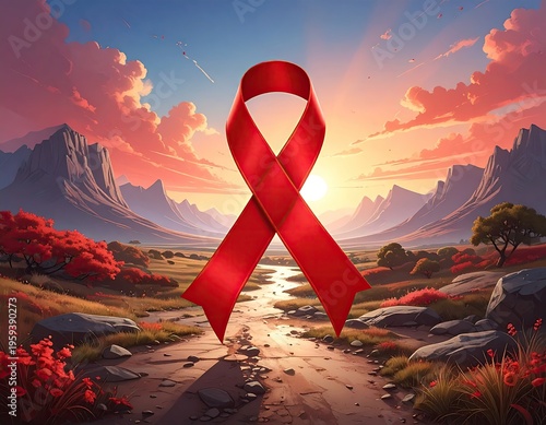 Red ribbon floats over a path, sunset, and mountains