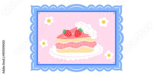 Cake template border with frame square kawaii and lace vector cute. Sweet trendy bow with y2k simple holiday and notebook writing picture. Whimsical shape cake with signboard circle frame