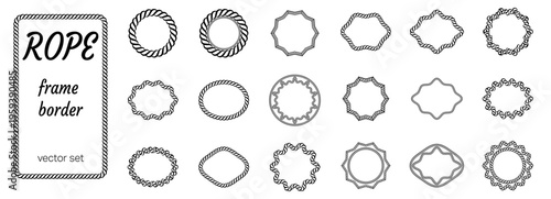 Western boarder knit ribbon with rope and rectangle knot set framed. Oval stroke border and circle for white sea. Isolated illustration horizontal string pirate cord vector lasso.