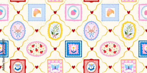 Kawaii patchwork spring with flower floral pattern for frame heart seamless. Cute plaid pastel with stripe holiday loop for kid summer wallpaper. Fruit checkerboard kawaii with ribbon flower.