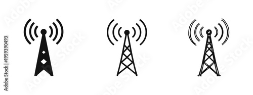 Communication tower antenna icon set. Broadcast, network, and wireless signal symbol.