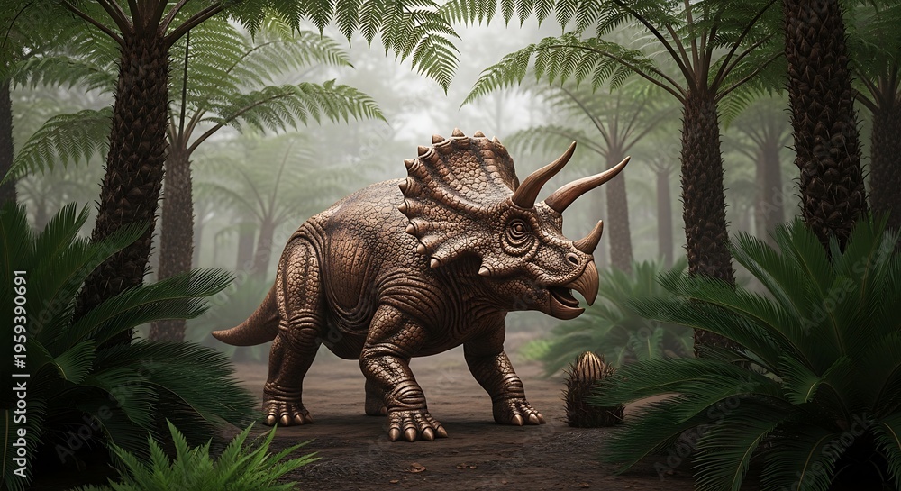 Fototapeta premium Triceratops dinosaur in prehistoric forest habitat.