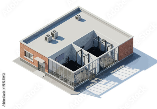 Isometric view of a modern gym facility with cardio and weight training equipment