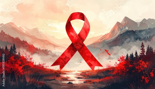 Red ribbon landscape, mountains, river, trees, watercolor