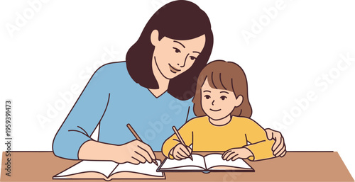 Mother assists young daughter with homework at a desk while sitting closely together.