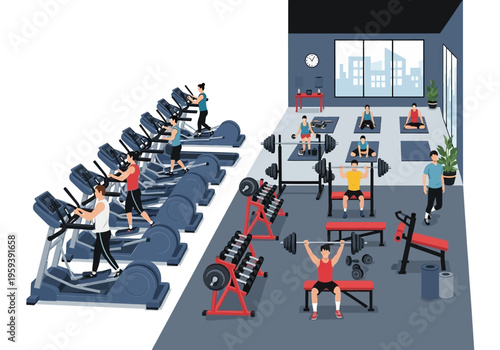 Fitness and exercise in a modern gym with cardio machines, weightlifting, and yoga classes
