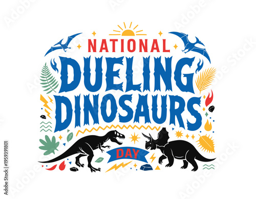Two Dinosaurs Fighting Silhouette Vector, National Dueling Dinosaurs Day Design