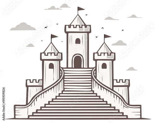 Cartoon castle illustration with towers, flags, and a grand staircase against a sky
