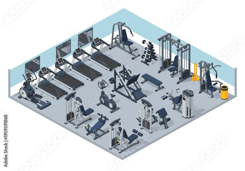 Isometric view of a well-equipped gym interior showcasing various exercise machines and cardio equipment