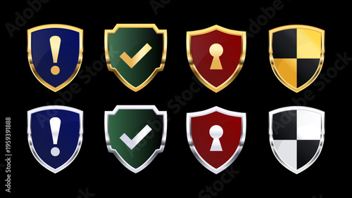 Security shield icon set in gold and silver, 3D protection symbols with check mark, alert and padlock, cybersecurity and safety logo collection