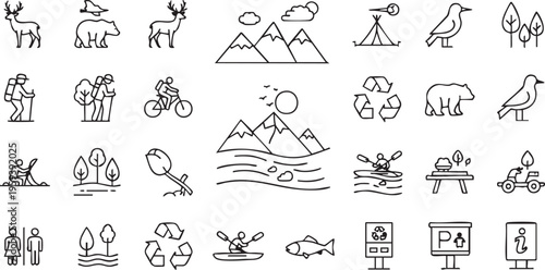 Black and white line of outdoor recreation including animals and people line black and white