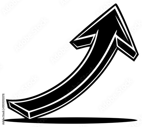Dynamic black 3D arrow curving upwards symbolizing progress and success