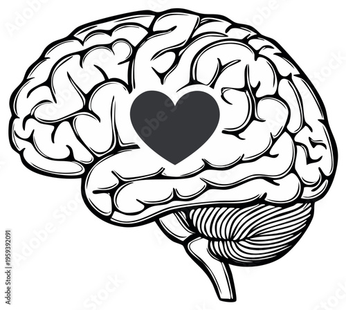 Monochrome brain outline icon with heart shape symbolizing emotional intelligence, love and logical thinking for medical illustration.