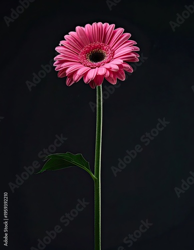 A single vibrant pink gerbera daisy stands tall against a dark background.